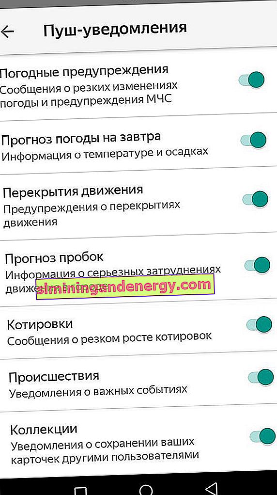 Nonaktifkan notifikasi di ponsel Yandex